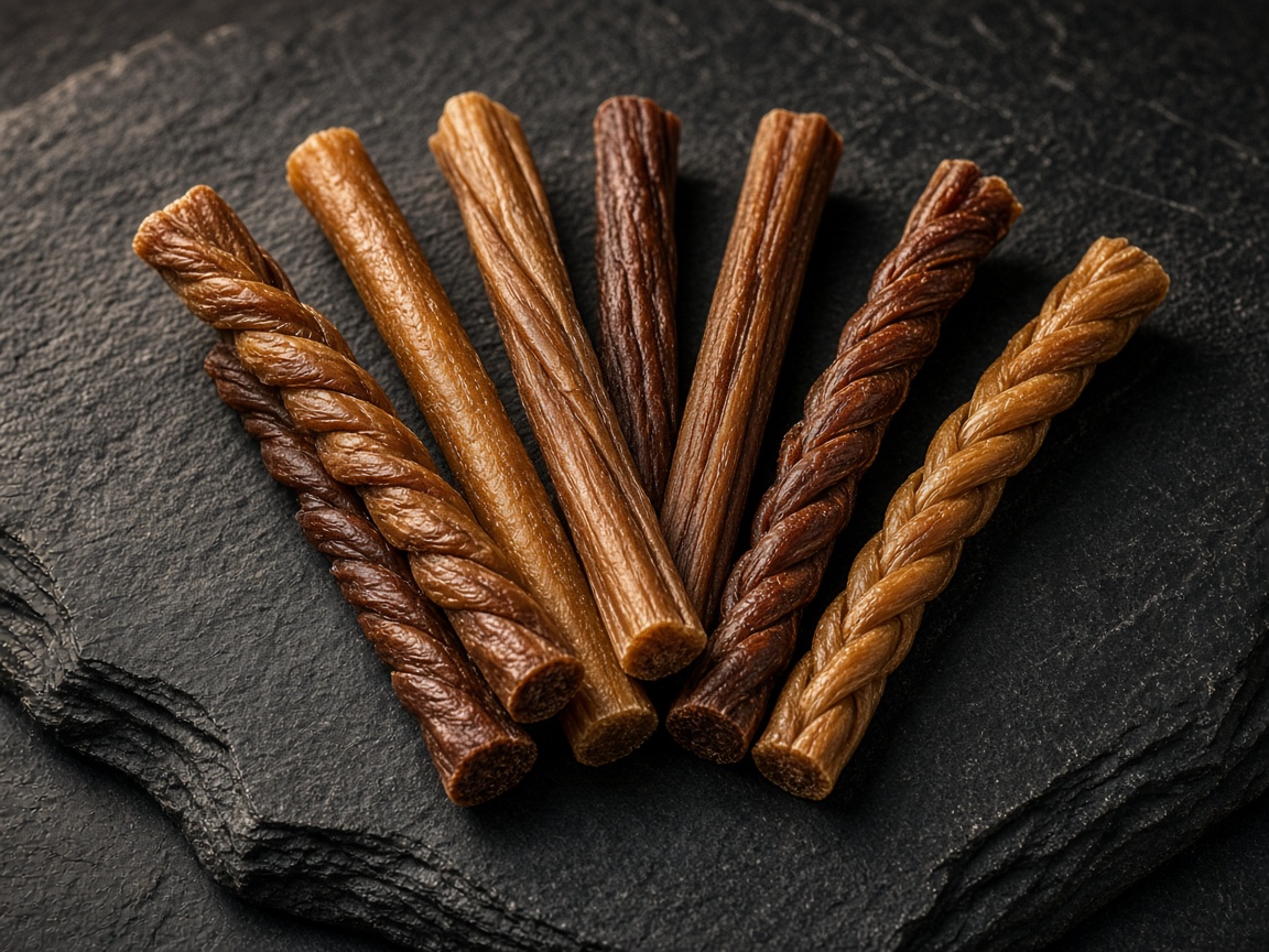 Close-up of braided and straight bully sticks