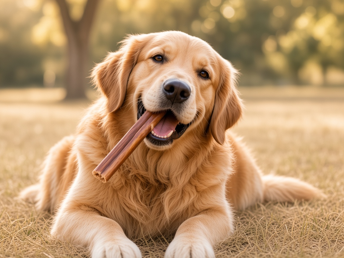 Golden retriever with a natural bully stick