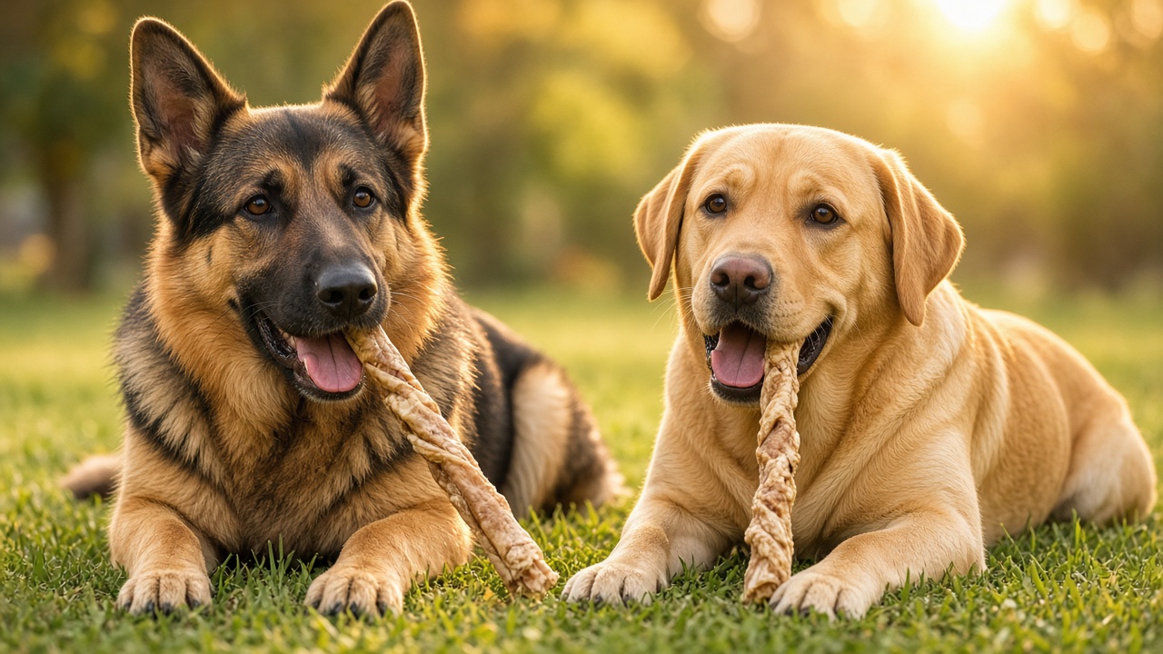 Dogs with Royal Pets Food bully sticks